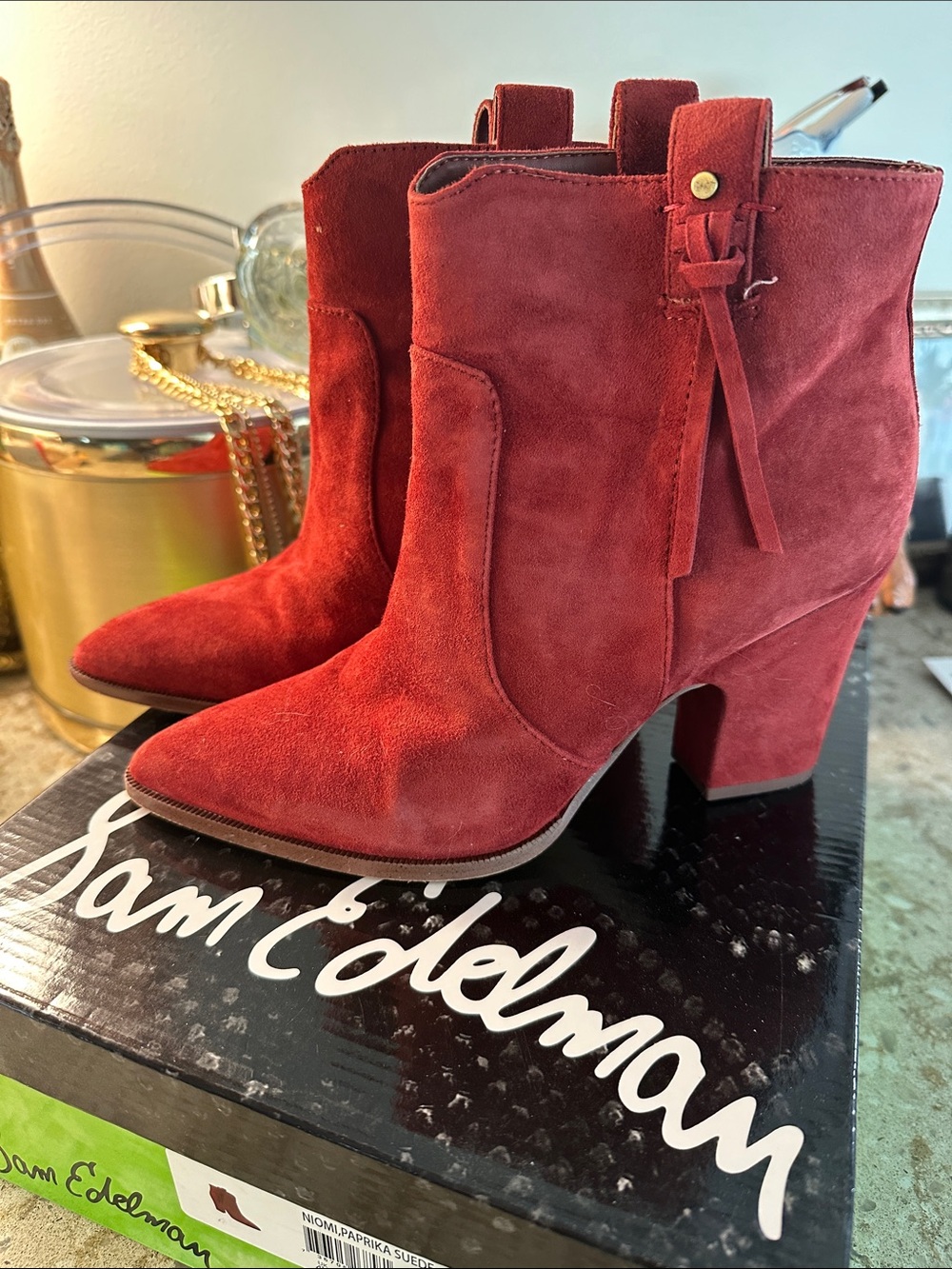 Sam Edelman Red Suede Block Heel Ankle Boots Size 6.5 Box Included
